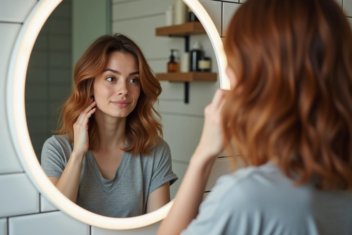Femme admirant sa nouvelle coupe papillon devant un miroir dans une salle de bain moderne