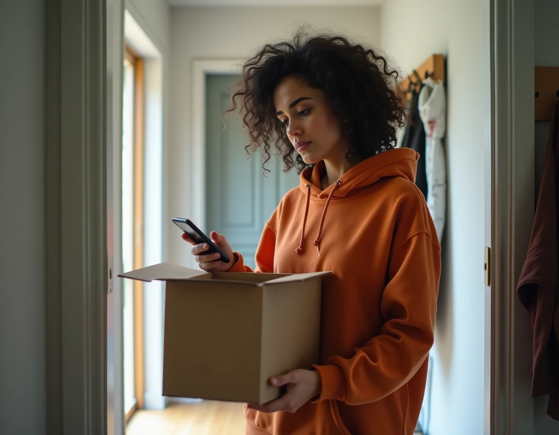 Jeune femme tenant un colis Zalando près de sa porte d'entrée tout en consultant son téléphone pour initier un retour ou une annulation