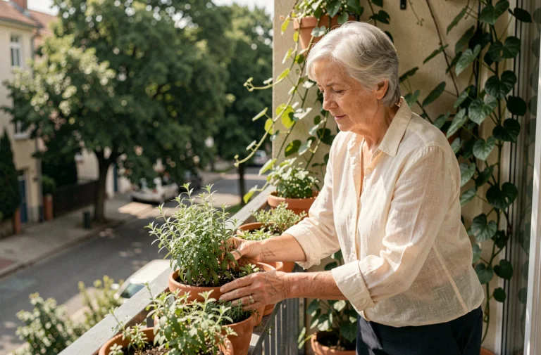 Senior femme aux cheveux argentés entretenant ses plantes aromatiques sur un balcon fleuri, activité de jardinage épanouissante pour les retraités