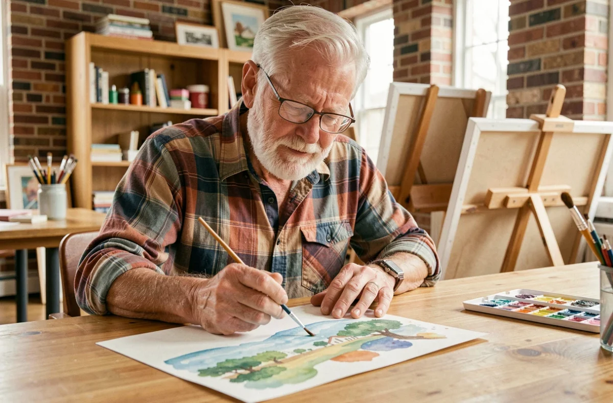 Senior homme peignant une aquarelle dans un atelier artistique communautaire, loisir créatif épanouissant pour les personnes âgées actives