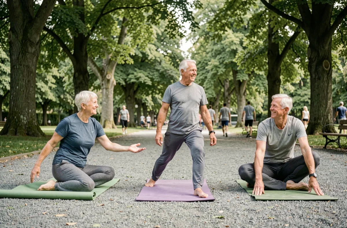 Groupe de seniors pratiquant le yoga en plein air dans un parc verdoyant, activité physique douce et conviviale pour rester en forme à la retraite