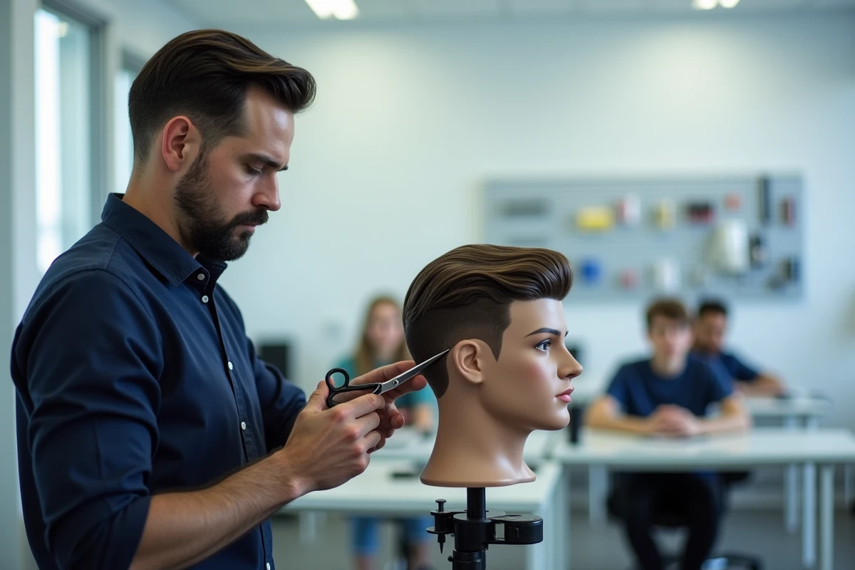 Coiffeur professionnel enseignant la technique de la coupe papillon sur une tête de mannequin en atelier