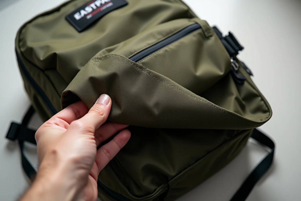 Doigts palper la densité du tissu Cordura nylon d'un sac Eastpak pour évaluer son grammage