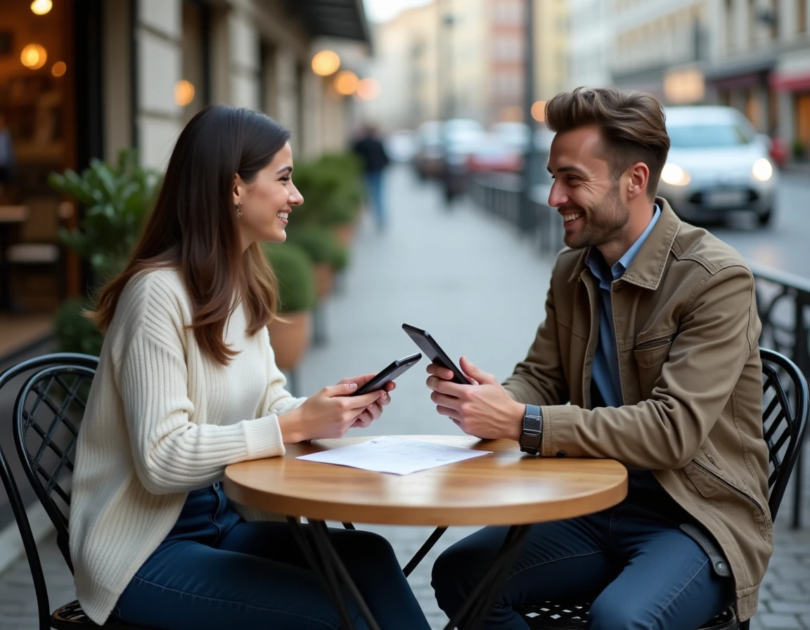 Acheteur et vendeur s'échangeant un smartphone d'occasion en toute confiance en terrasse