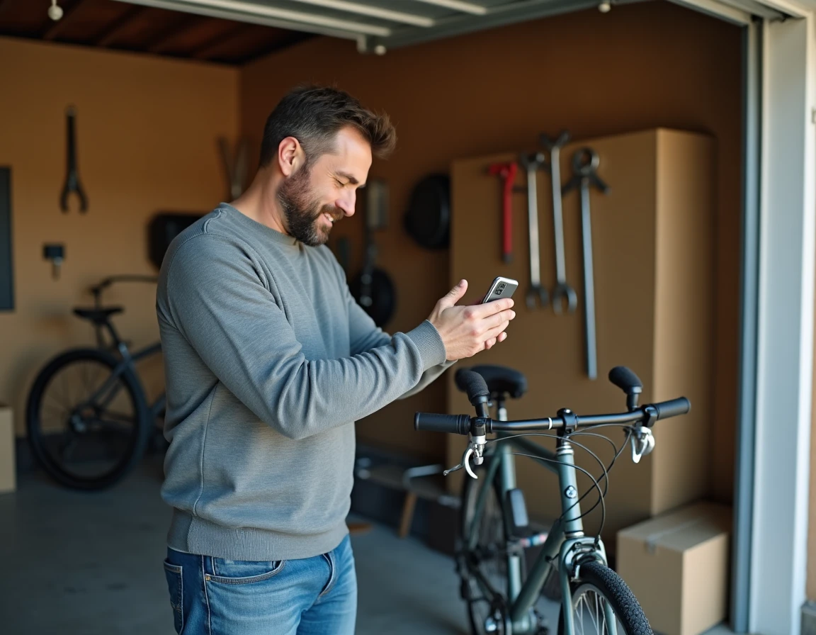Homme photographiant un vélo vintage pour une annonce de vente en ligne dans un garage