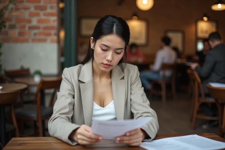 Femme réfléchie dans un café examinant des documents sur la vie privée et la célébrité